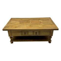 Barker & Stonehouse 'Flagstone' range mango wood coffee table, fluted rectangular top with marquetry inlay, over two drawers with turned supports connecting undertier, raised on bun feet 