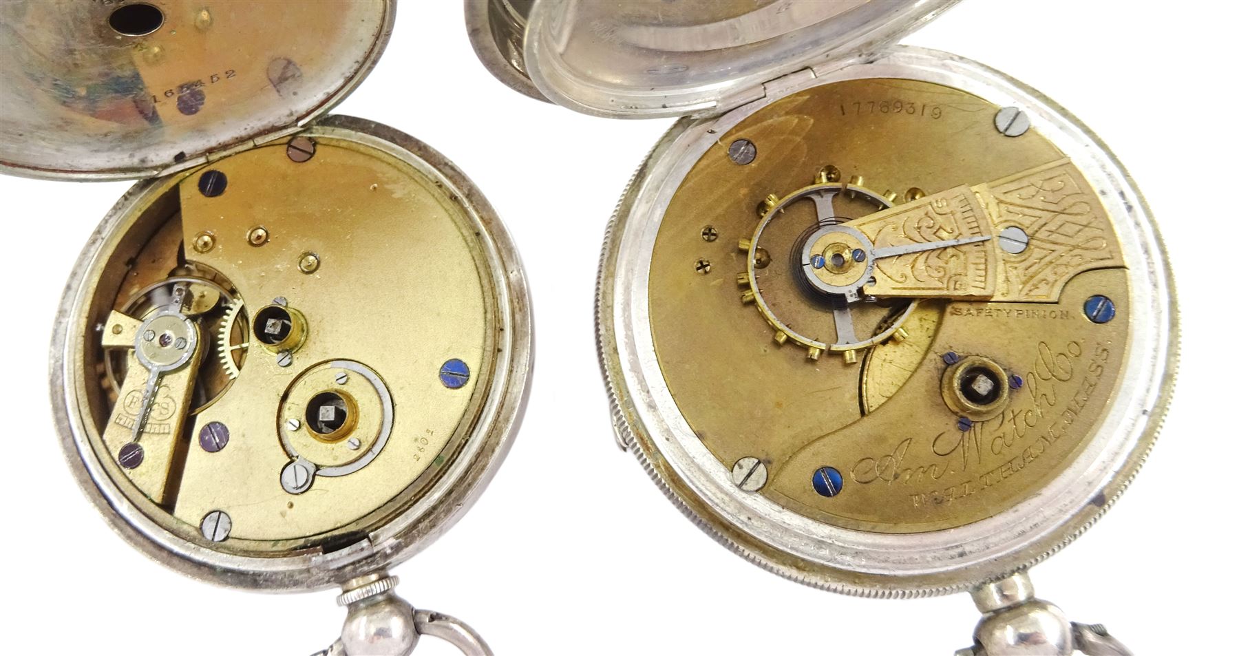 Two silver open face key wound lever pocket watches, one by American Watch Company,  case by Dennison, the other by H.Samuel, white enamel dials with Roman numerals and subsidiary seconds dial and a silver Albert chain with silver cycling fob