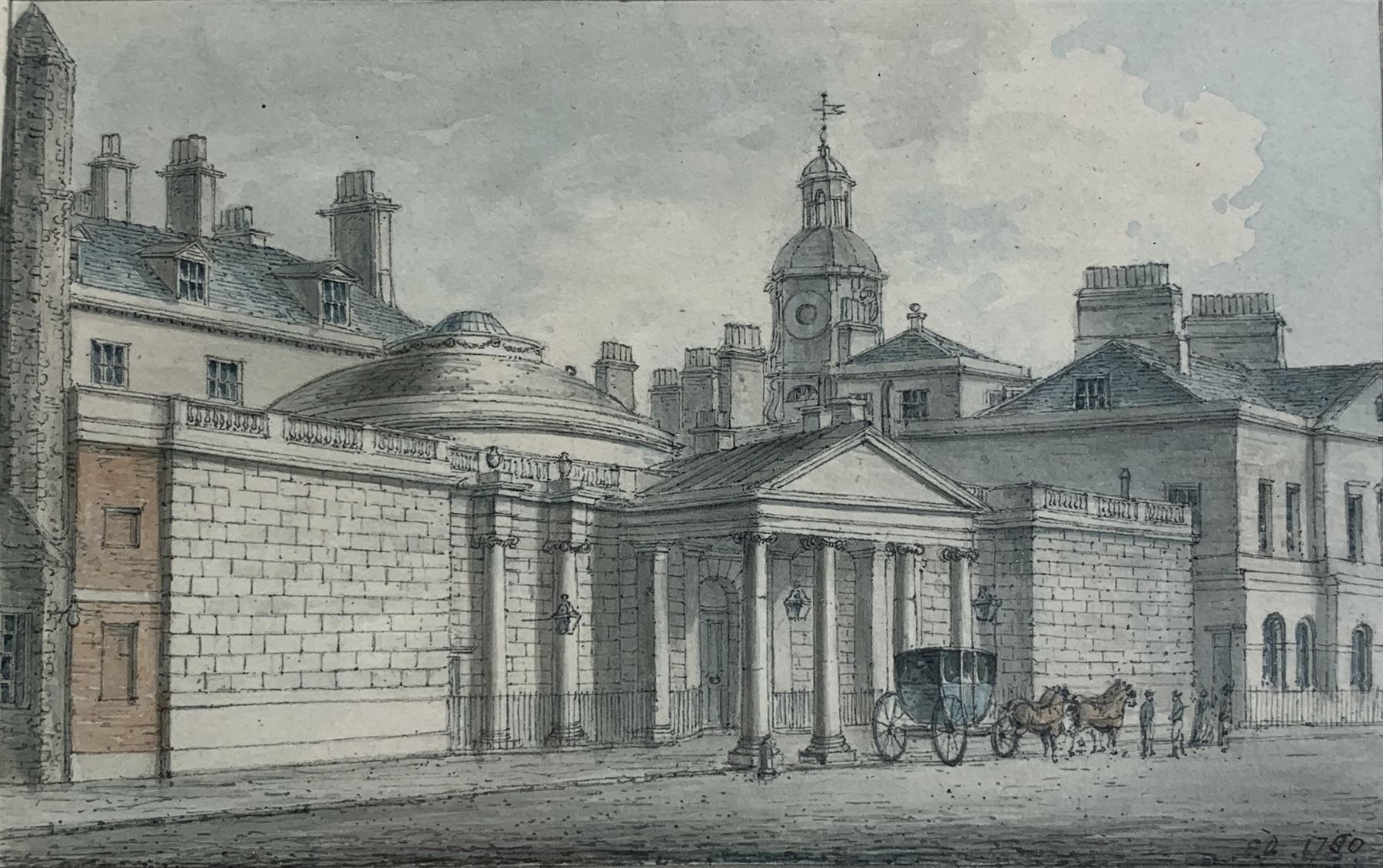 Edward Dayes (British 1763-1804): 'Dover House - Whitehall', watercolour signed with initials and dated 1780, 8cm x 13cm