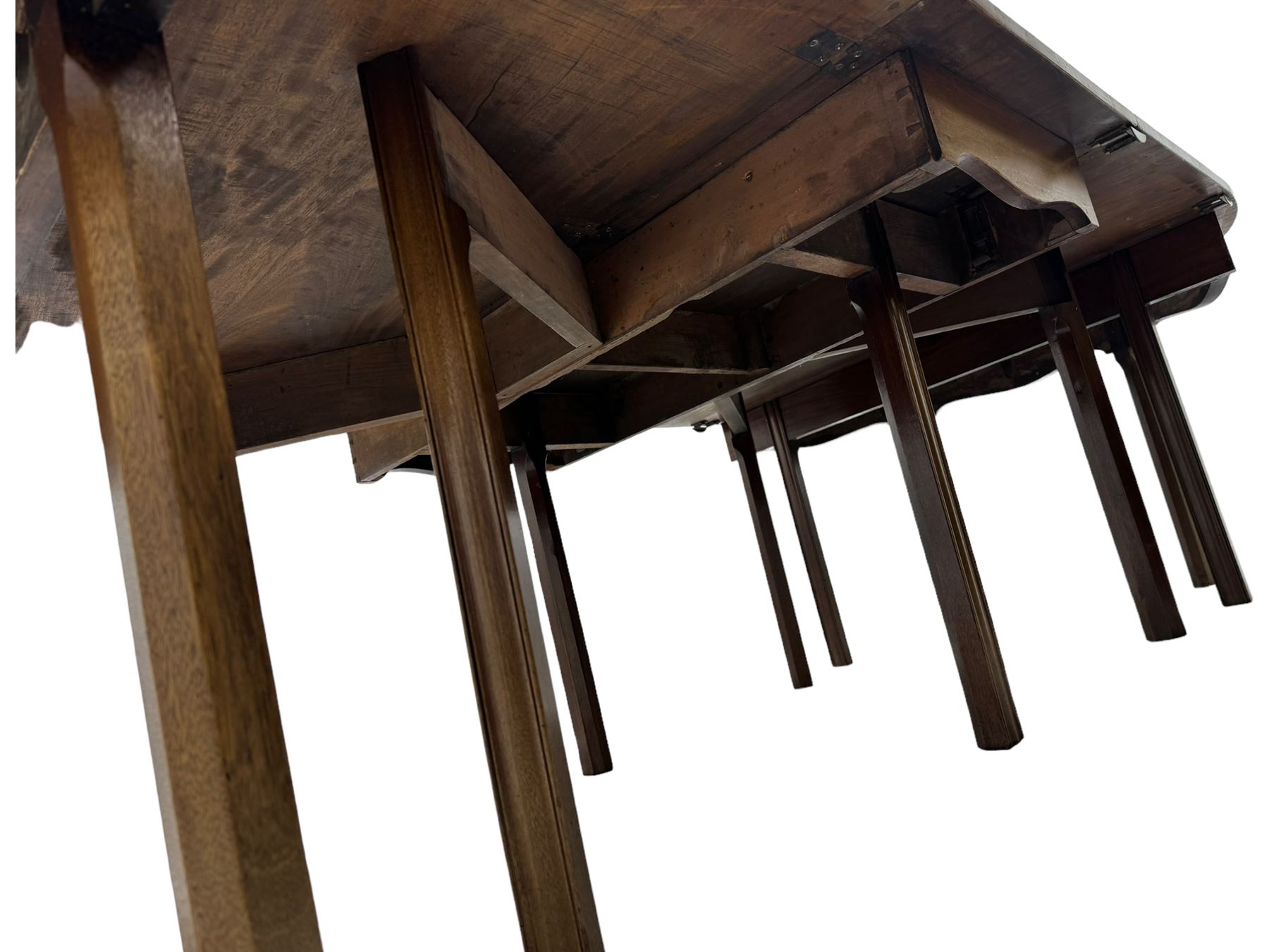 Early 19th century mahogany extending dining table - two D-ends, single drop-leaf centre and additional leaf, on square moulded supports