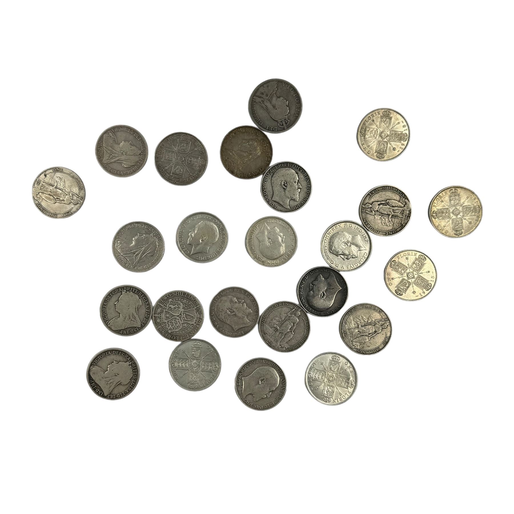 Twenty-four silver one florin coins, dated Queen Victoria 1887, 1888, 1889, 1894, 1895, 1898, two 1900, King Edward VII 902, 1903, 1904, 1906, 1907, 1908, 1909, 1910, King George V 1911, 1912, 1914, 1915, 1916, 1918, 1919 and 1920