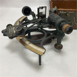 1940s Heath & Co brass and copper 'Hezzanith' sextant No. H412, in original oak carrying case, the inside lid with examination certificate dated 1942, together with a patinated brass miners level, in wooden box inscribed G.H Burrows