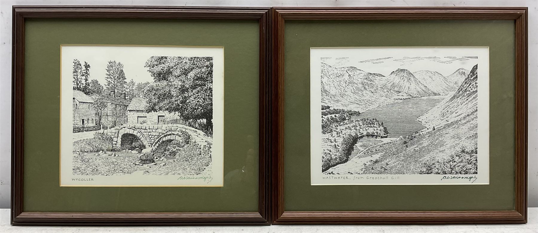 Alfred Wainwright MBE (British 1907-1991): 'Wycoller', 'Wastwater', 'The Coniston Fells', and 'Langstrath', four monochrome prints each signed in pen by the artist, max 17cm x 23cm (4)