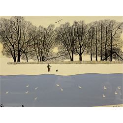 Gordon Barker (British 1960-): 'A Walk in the Snow', acrylic on paper signed, titled verso...