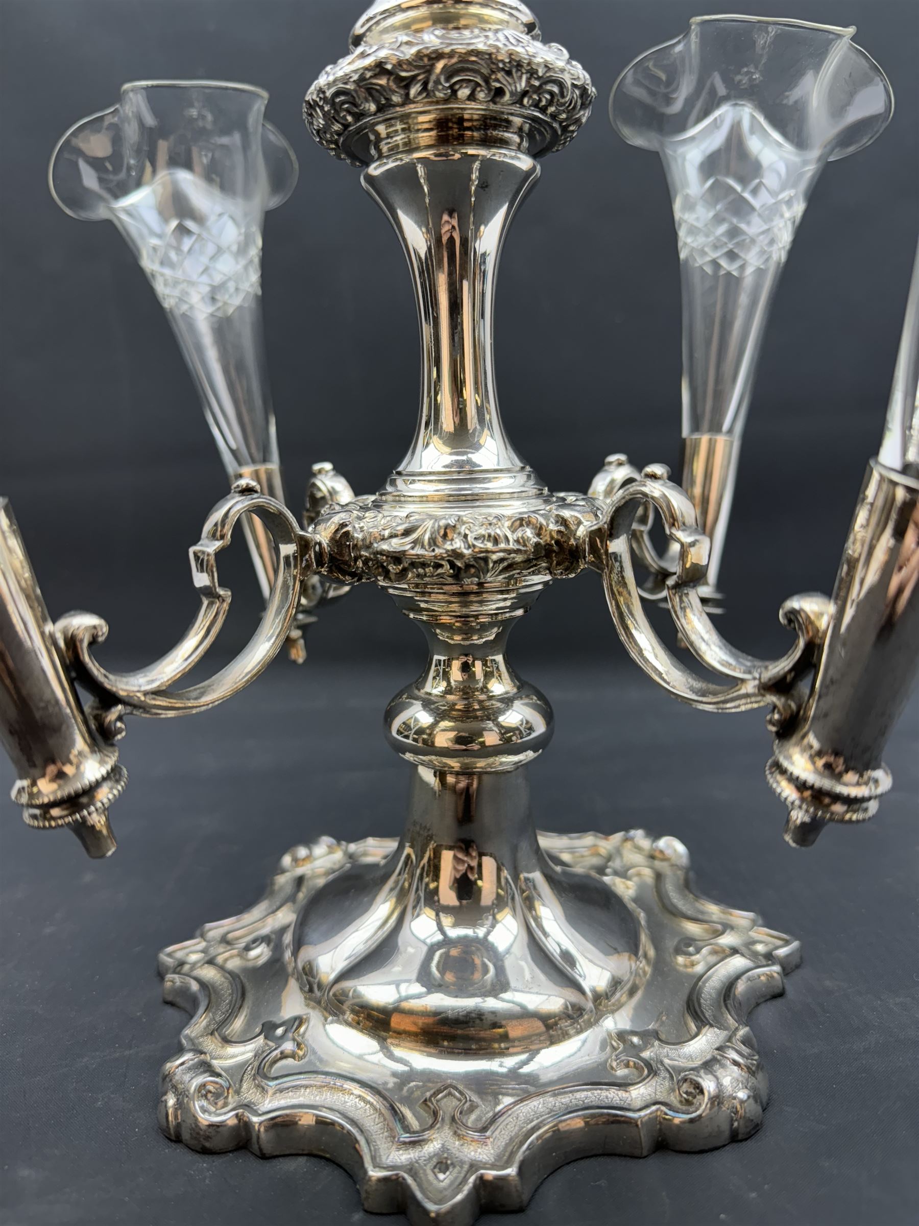 Walker & Hall Sheffield silver plated epergne and a pair of plated candle sticks, epergne H35cm