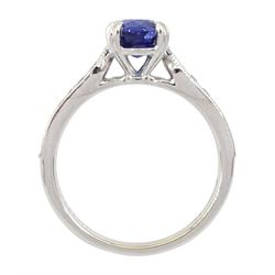 18ct white gold oval cut sapphire ring, with milgrain set round brilliant cut diamond shoulders, hallmarked, sapphire approx 0.80 carat, total diamond weight approx 0.40 carat