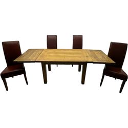 Oak dining table, rectangular plank with two extension leaves at each end, central drawer with brass handle, supported by square legs (L131cm - 233cm, D80cm, H76cm); four high-back dining chairs, the chairs upholstered in dark brown leatherette with stitched detailing, on square tapering legs (H108cm)