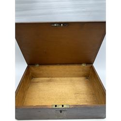 Wooden storage box, with hinged lid, marked Manchester to one side, H11cm, L38cm, D25cm 