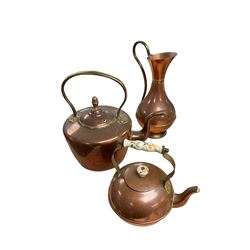 Brass spirit kettle, together with copper kettle, camel stool etc