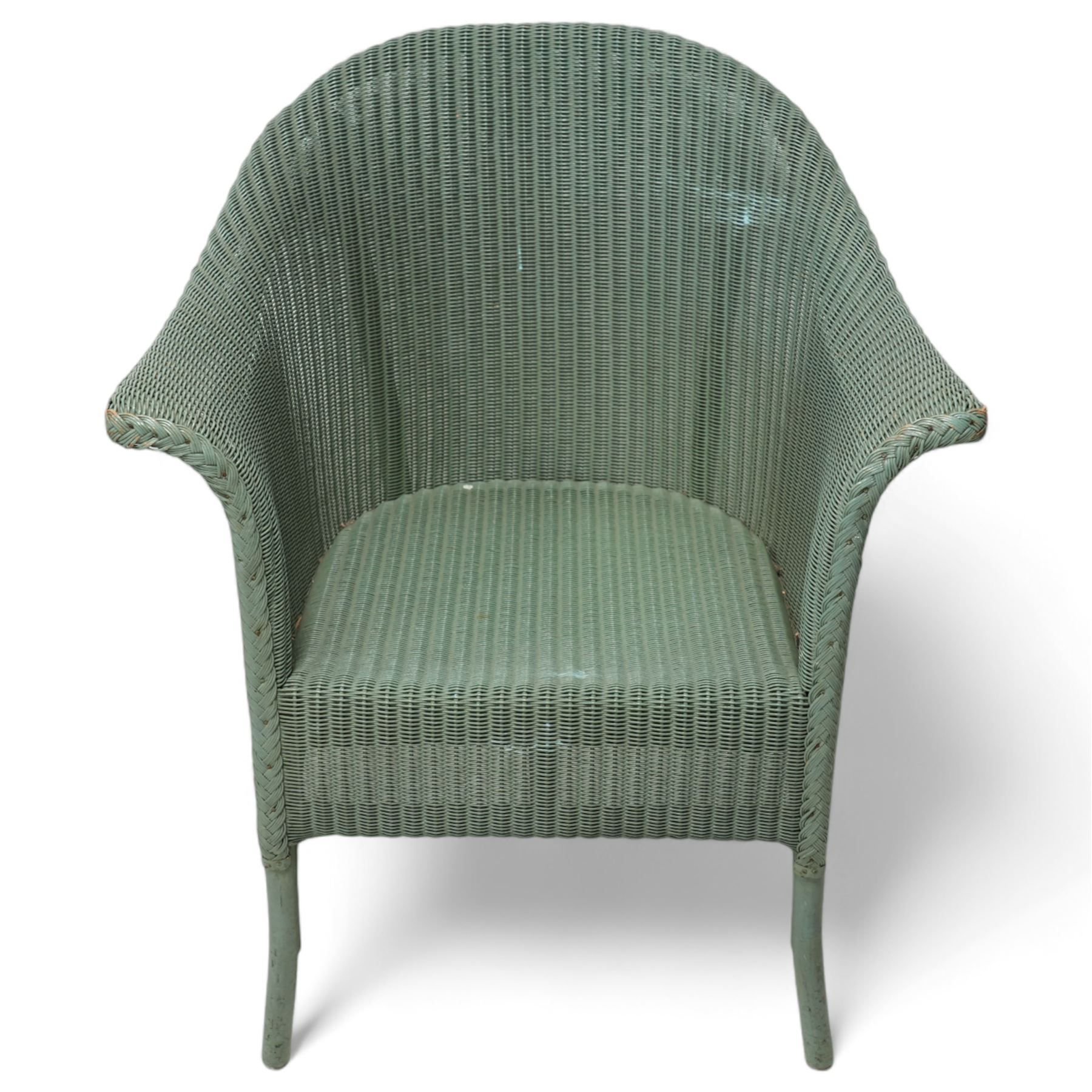 Lloyd Loom - pair of wickerwork armchairs, in painted sage green finish