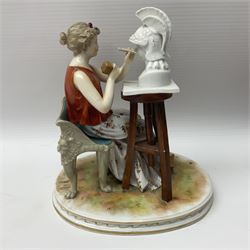 Pair of late 19th/early 20th century Naples figures modelled engaged in the arts, the first example modelled as a female figure seated before an easel, painting a figural scene, the second modelled as a female figure seated before a bust with scultping tools in hand, each upon an oval base with naturalistic painted ground, each with blue crowned N mark beneath, each approximately H16cm, including base L15xm
