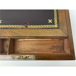 19th century walnut writing slope, the hinged lid with inlaid cartouche opening to reveal black gilt tooled leather slope and pen storage, H15cm, L30cm