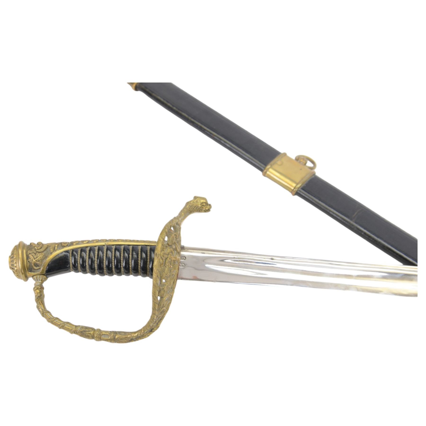 Reproduction 1870s French naval officers sword, with slightly curved single edge blade, brass hilt with dolphin quillon and anchor amidst a pierced floral hilt, wire bound grip, in brass mounted leather scabbard, overall L84cm