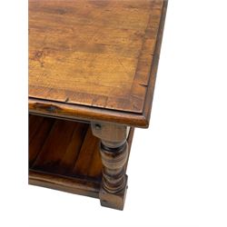 Square elm coffee table, square ovolo-moulded top with fruitwood band, turned supports united by undertier 