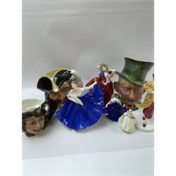 Five Royal Doulton figures, including Ruth, Autumn Breeze, Elaine, together with two Royal Doulton character jugs and Beswick character jug 