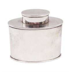 1920s silver tea caddy, of plain oval form, with removable cover, hallmarked Deakin & Francis, Birmingham 1922, H7.8cm