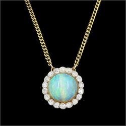 Early 20th century 15ct gold and silver round cabochon opal and old cut diamond cluster pe...