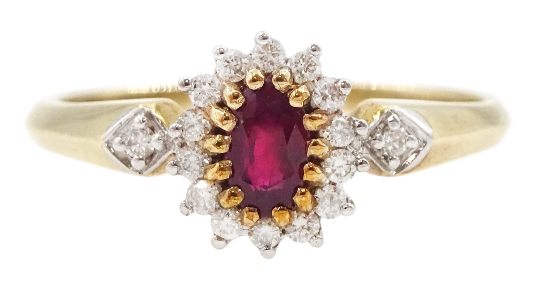 9ct gold oval cut ruby and round brilliant cut diamond cluster ring, hallmarked