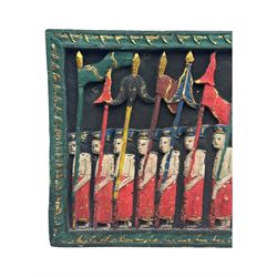 Rectangular relief carved and painted wall hanging panel, depicting ceremonial procession with soldiers and flag bearers on horses and elephants