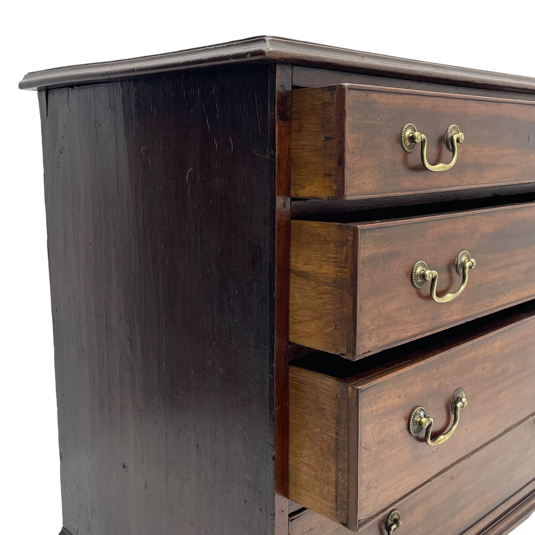 George III mahogany chest, moulded rectangular top over four long graduating cock-beaded drawers, fitted with brass swan neck handles, on bracket feet