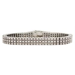 9ct white gold three row round brilliant cut diamond bracelet, Birmingham assay mark, tota...