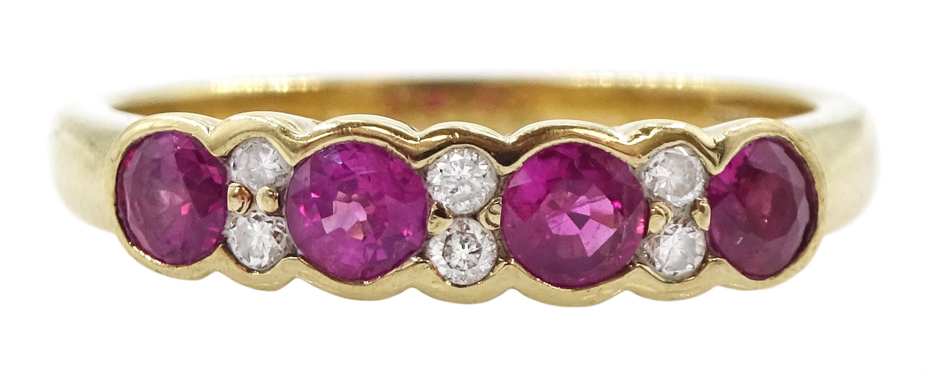 9ct gold ruby and diamond ring, four round cut rubies, each with two round brilliant cut diamonds set between, hallmarked