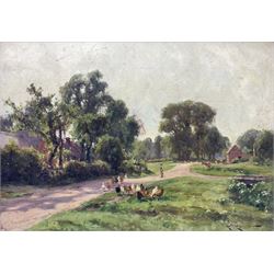 Arthur William Redgate (British 1856-1931): Country Lane with Hens and Cattle, oil on pane...