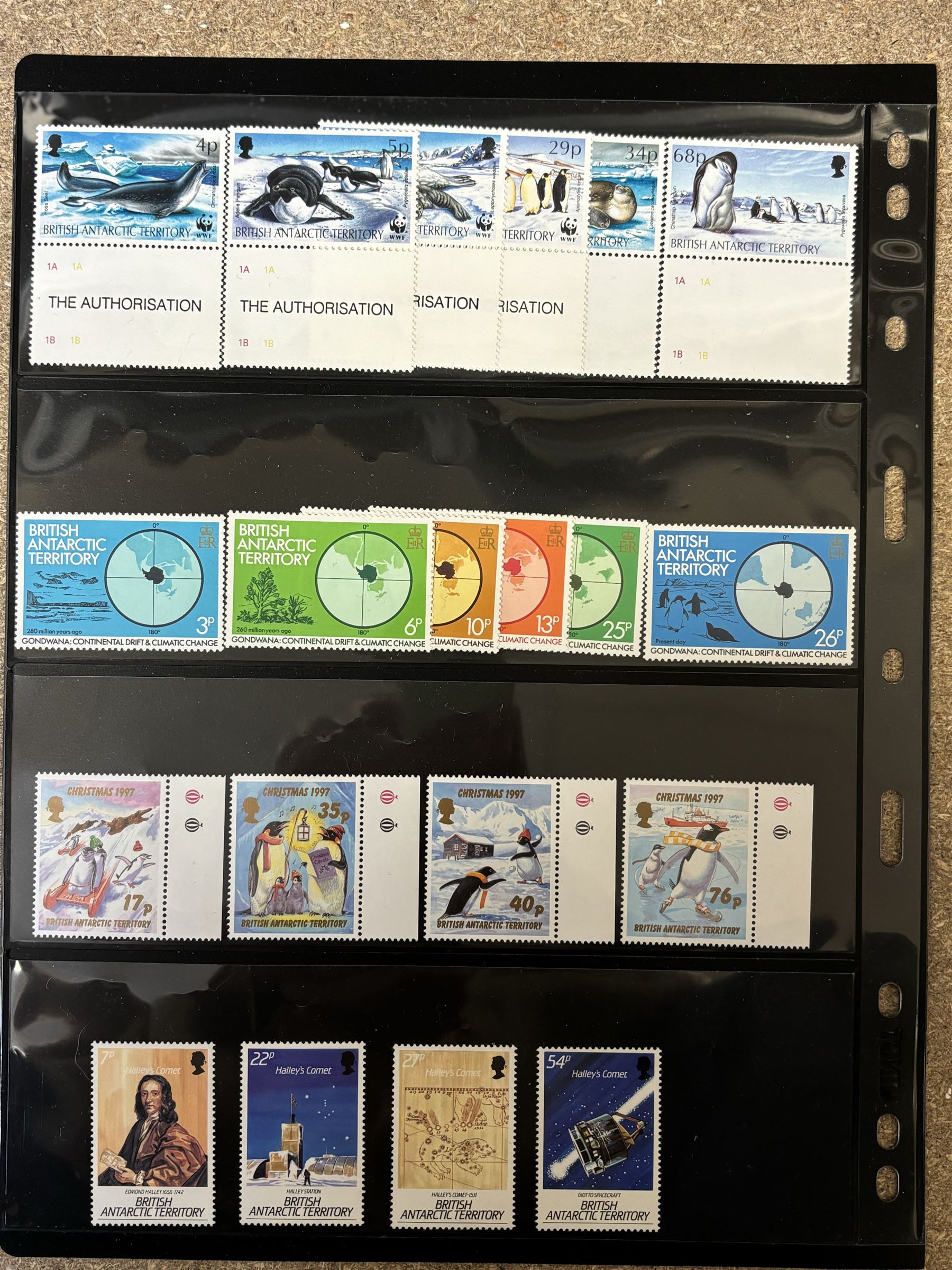 Queen Elizabeth II British Antarctic Territory mint stamps, including 1963-1969 SG 1 to 15a from half penny to both one pound values, 1993 SG 218-229 etc and a small number of Australian Antarctic Territory stamps, housed on stock pages