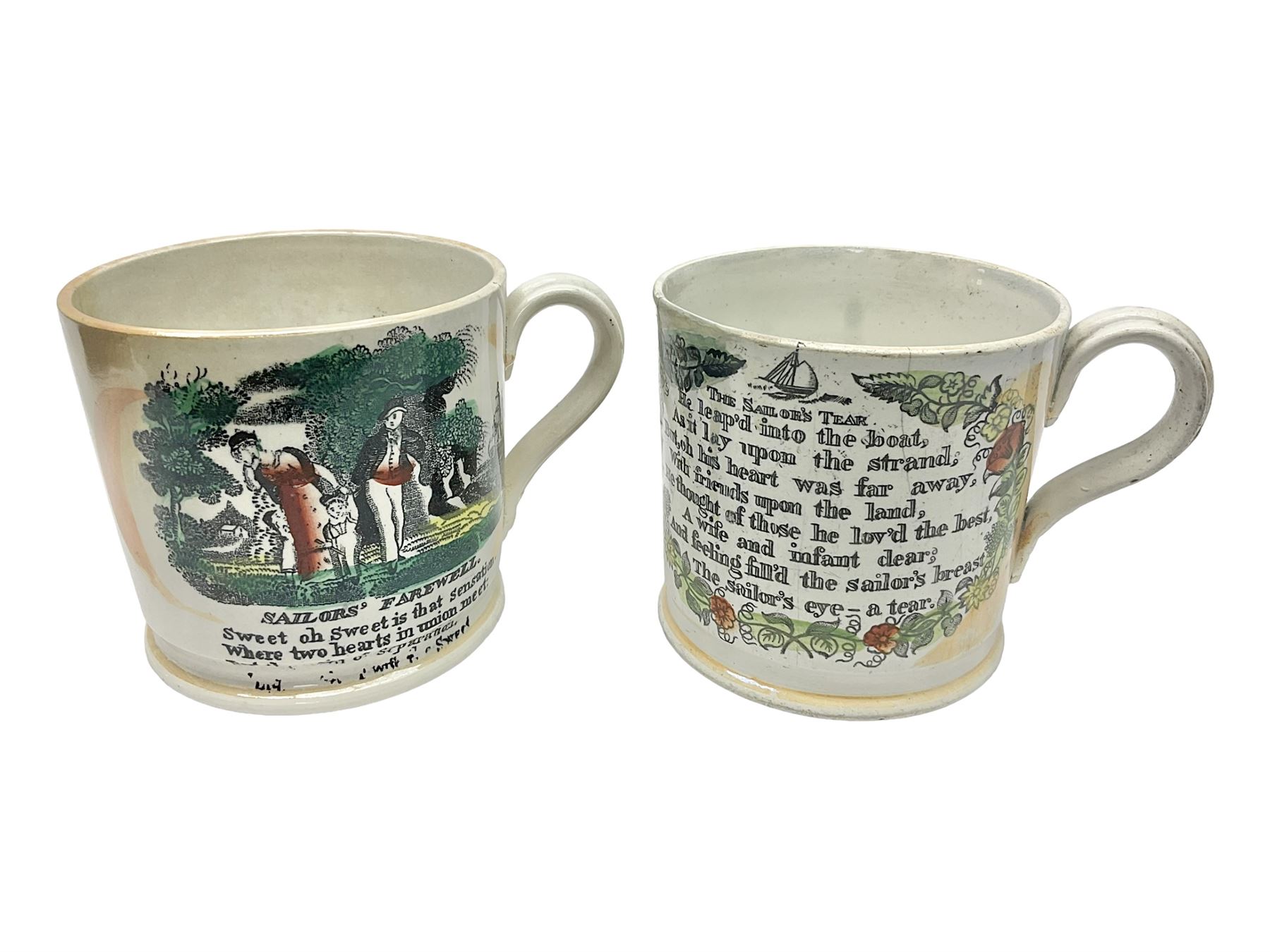 Two Staffordshire mugs, both depicting 'The Mariner's Compass' to body, with lustre decoration, the first example with 'The Sailor's Tear' quote verso, the second with 'The Sailor's Farewell', tallest H10cm