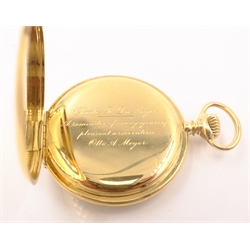  Tiffany & Co 18ct gold pocket watch, made for Tiffany by The Agassiz Watch Co Switzerland, crown wind, no 215317 M200 stamped Tiffany & Co K18 in original velvet lined case  
