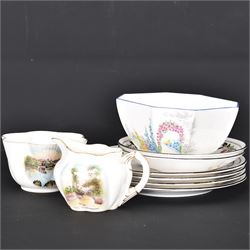 Shelley tea wares, including Archway of Roses pattern bowl, Bermuda pattern sugar bowl and milk jug and other Shelley saucers and plates