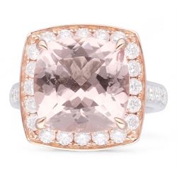 18ct white and rose gold cushion cut morganite and round brilliant cut diamond cluster ring, with diamond set shoulders, hallmarked, morganite 6.10 carat, total diamond weight 0.99 carat