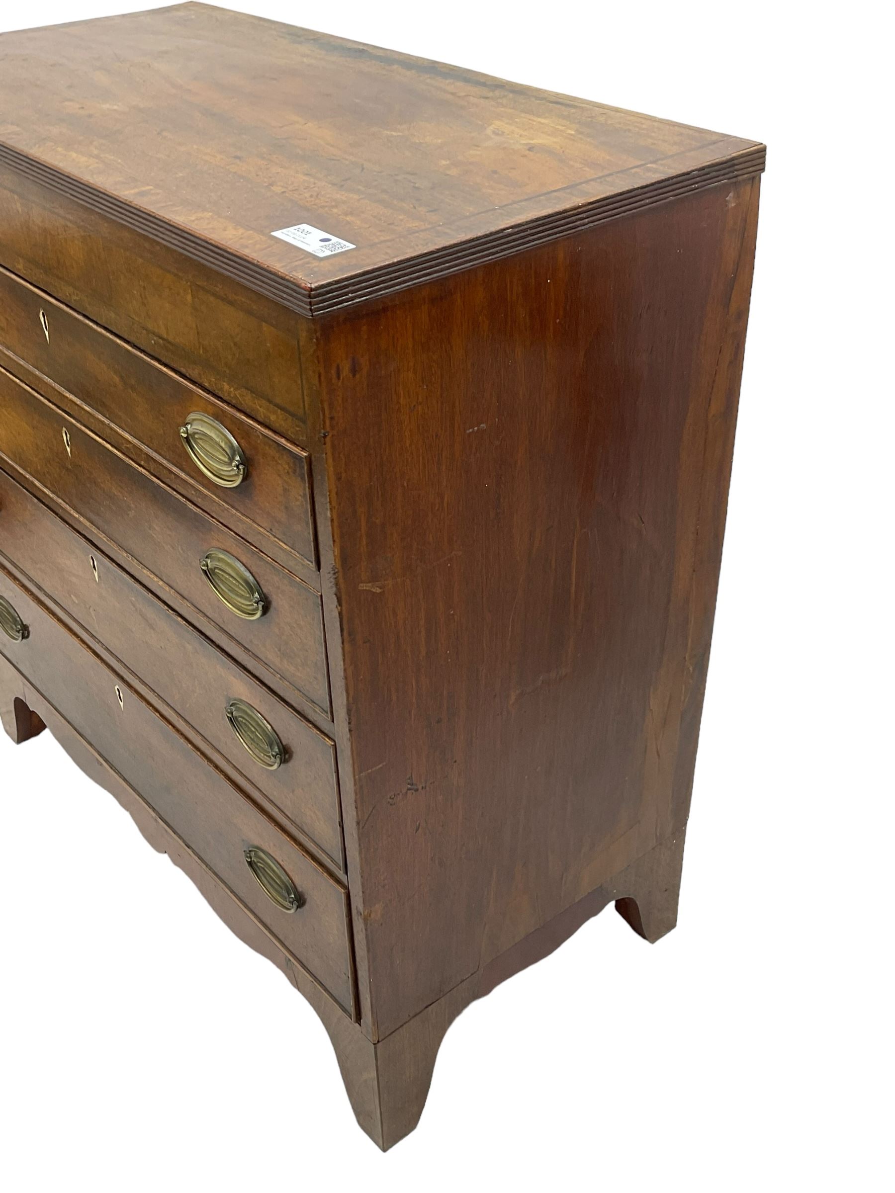 George III mahogany chest, rectangular crossbanded top over four long cock-beaded drawers with bone lozenge escutcheons and oval pressed brass handle plates, on bracket feet