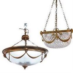 Late 20th century gilt metal ceiling light, circular form decorated with rams heads and sw...