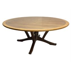 Senior & Carmichael, Betchworth - Georgian design walnut centre table, the circular moulded top with satinwood band and central star inlay, quadriform base with central orb and applied makers plaque, raised on splayed supports