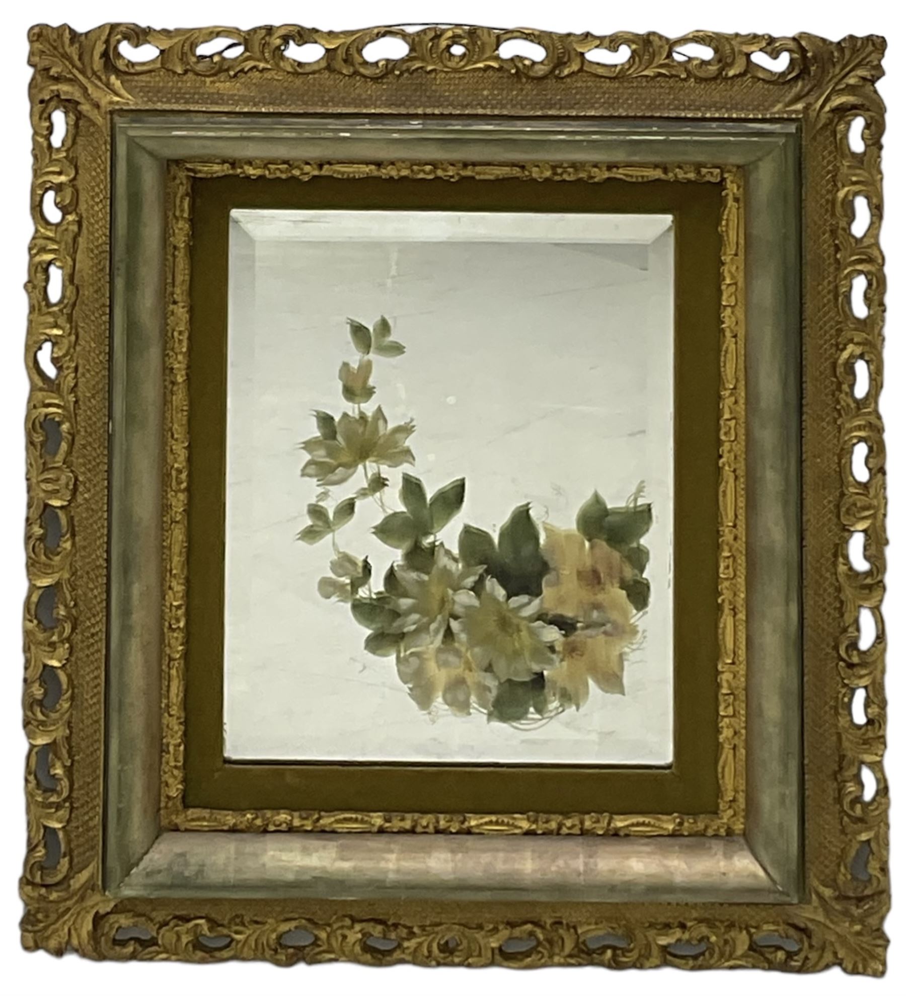 Victorian design gilt framed wall mirror, rectangular frame enclosing hand painted mirror plate