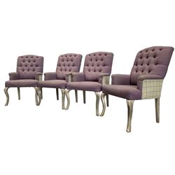 Voyage - four high back armchairs upholstered in buttoned lilac and tweed fabric, painted cabriole legs