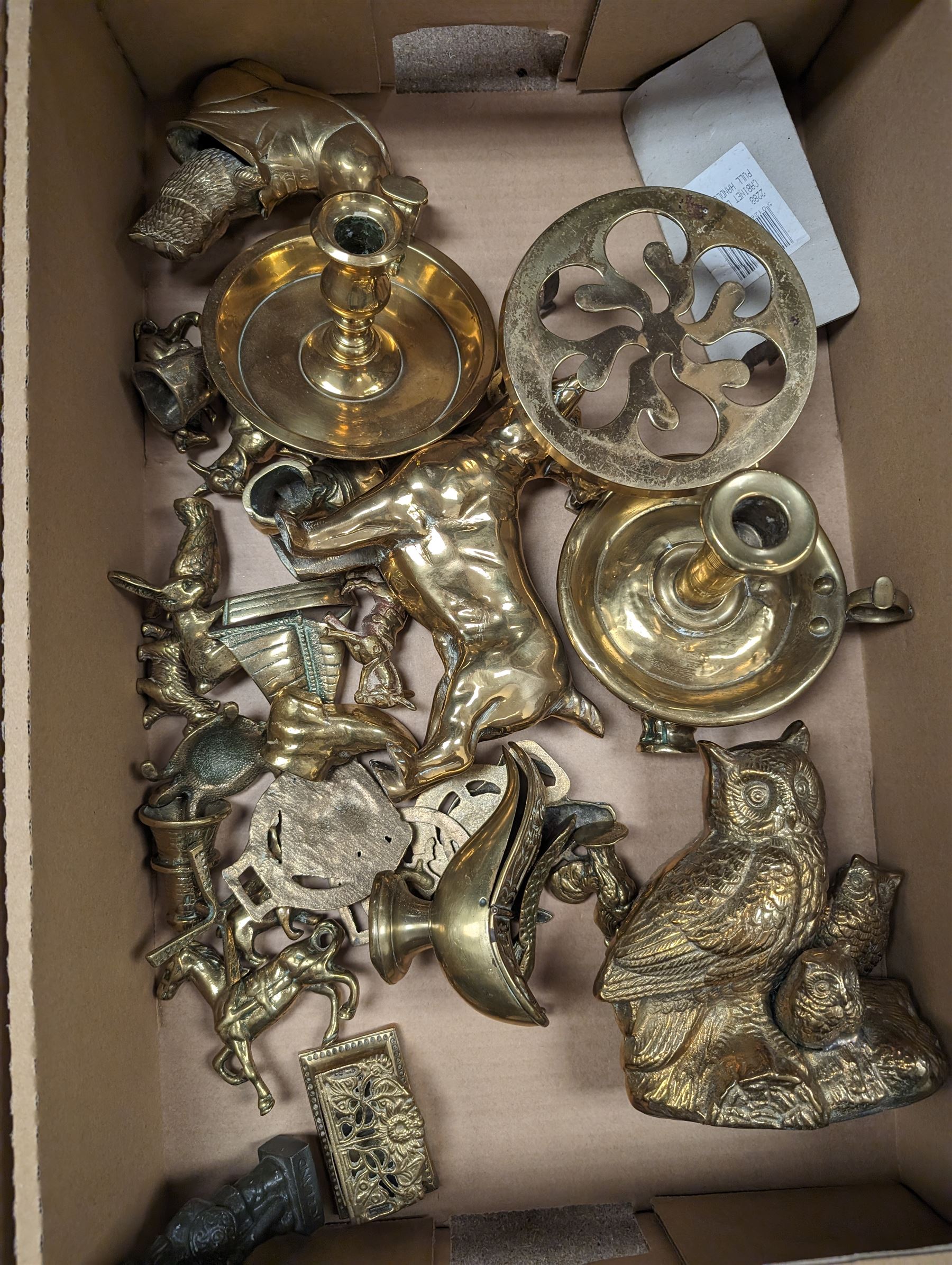 Collection of brassware, including animal figures, chamber sticks, Waterloo ashtray, FAL Bugatti Tip, door handles, door locks and other metalware