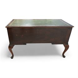 Early 20th century kneehole desk, moulded rectangular top with green leather inset, fitted with four drawers, on cabriole supports