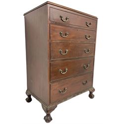 Early 20th century Georgian design chest, fitted with five graduating cock-beaded drawers, lower moulded edge over ogee supports with ball and claw feet