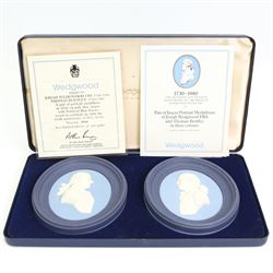 Wedgwood Jasperware miniature tea set for one, on a matched tray, oval scent bottle with silver cover, four caddy spoons, miniature bell, seven thimbles, together with a cased pair of portrait medallions of Josiah Wedgwood FRS and Thomas Bentley 