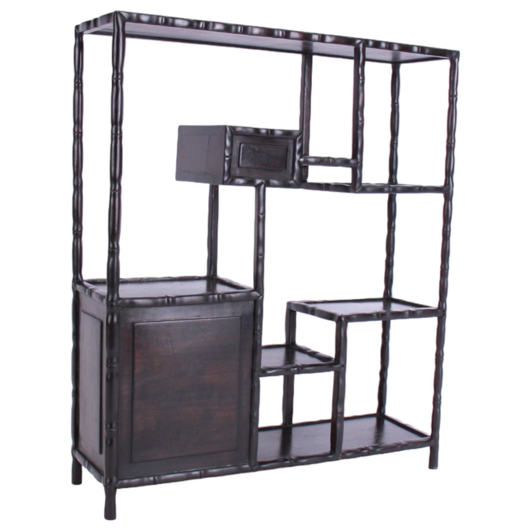 Chinese hardwood multi tier scholars display stand, with built in cabinet and draw, H48cm 