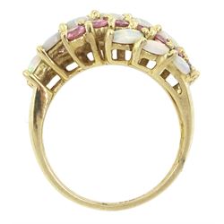 9ct gold five row marquise cut opal and pink sapphire ring, hallmarked