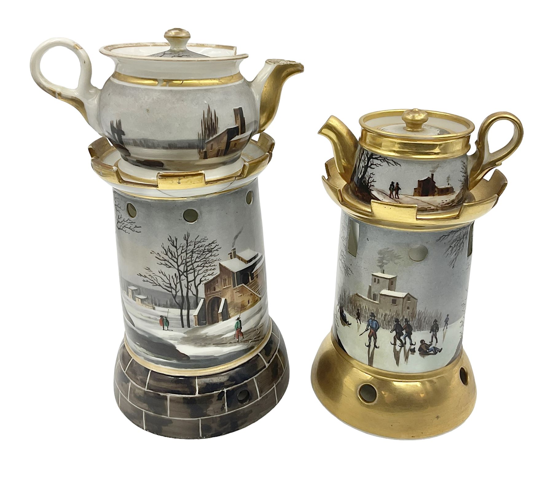 Two 19th century continental teapots and warmers, each teapot upon a cylindrical warming base in the form of a castle, hand printed with winter landscapes, largest H22cm 