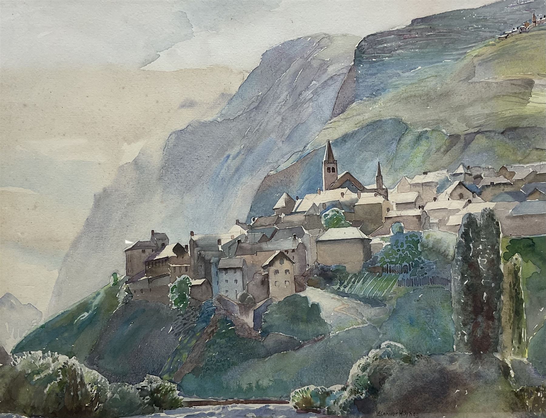 Eleanor Hughes (New Zealand 1882-1959): Alpine Village, watercolour signed 30cm x 38cm 
Notes: Hughes was a prominent member of the Newlyn School of Art. She and her husband Robert Morton Hughes were close friends with Laura and Harold Knight. 