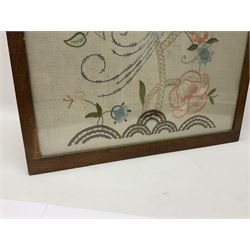 20th century framed crewelwork embroidery, depicting foliate and birds, H64, W55cm