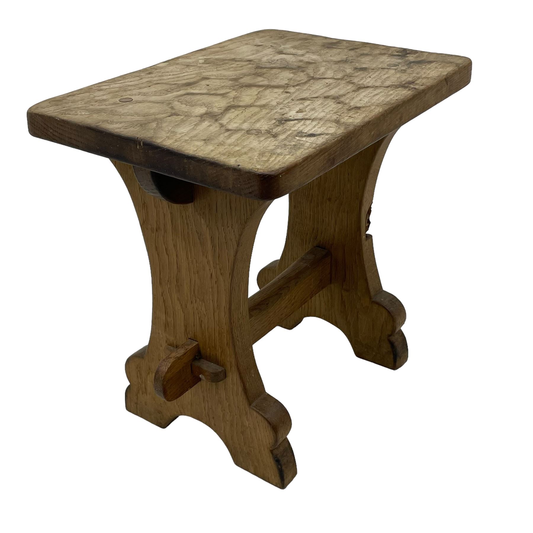 Gnomeman - three oak occasional tables, rectangular adzed top on shaped end supports united by pegged stretcher, each carved with gnome signature, by Thomas Whittaker, Littlebeck, the largest - 46cm x 29cm, H37cm