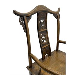 Chinese design elm yoke back 'official's' armchair, the shaped cresting rail over splat decorated with carved and pierced wildlife scenes, shaped projecting arms over rectangular seat, square supports united by plain stretchers, decorated with shaped frame brackets carved with foliage