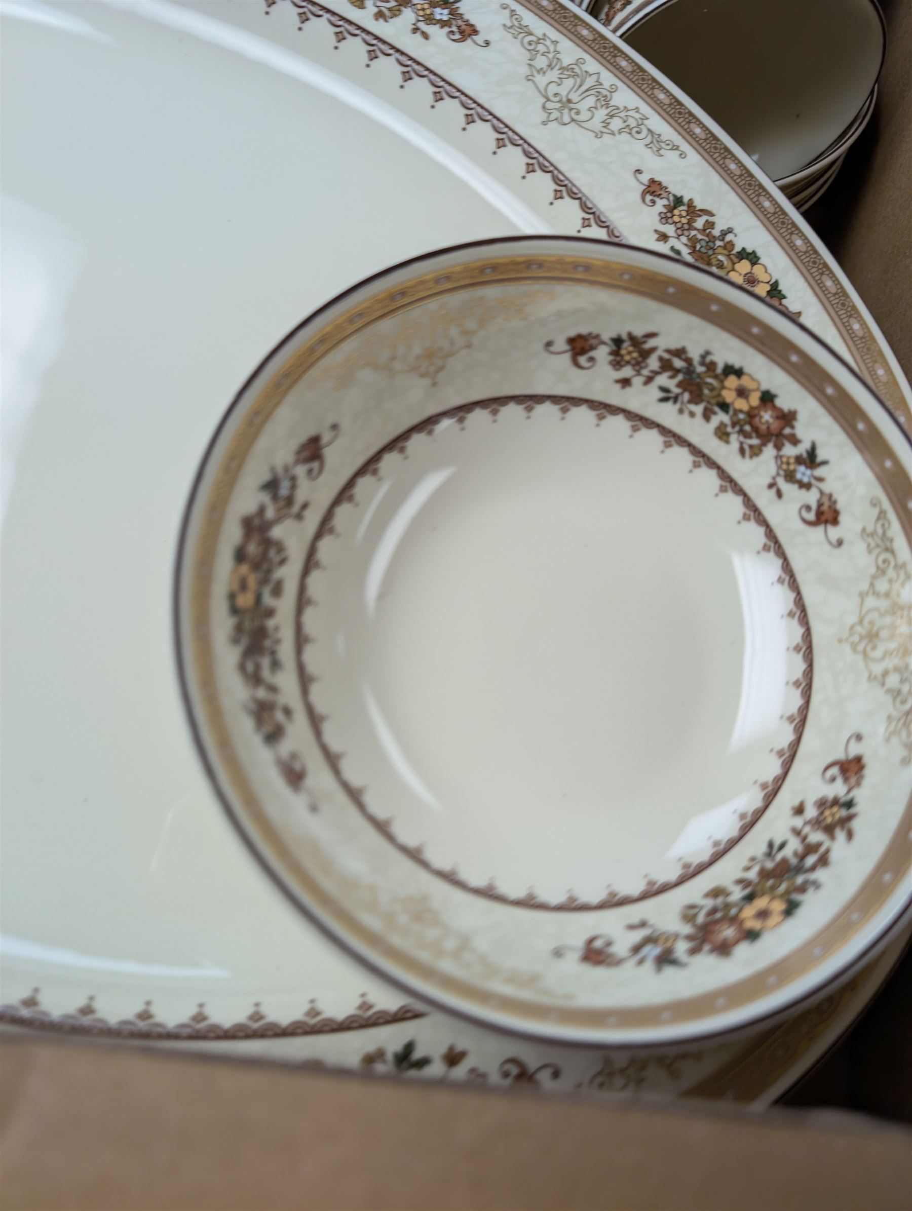 Collection of Minton Roxburgh pattern dinner and teawares, including meat platter, tea cups, etc 