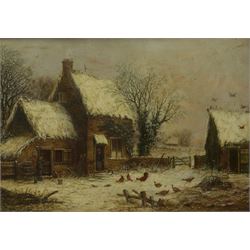 W Stanley (British 18th/19th Century): Chickens Feeding by a Cottage in Winter, oil on board signed 29cm x 41cm